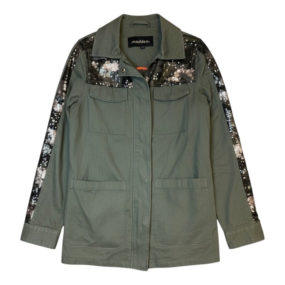 Madden NYC Utility Jacket Olive Green Sequin Camo Accent Pockets Small Women